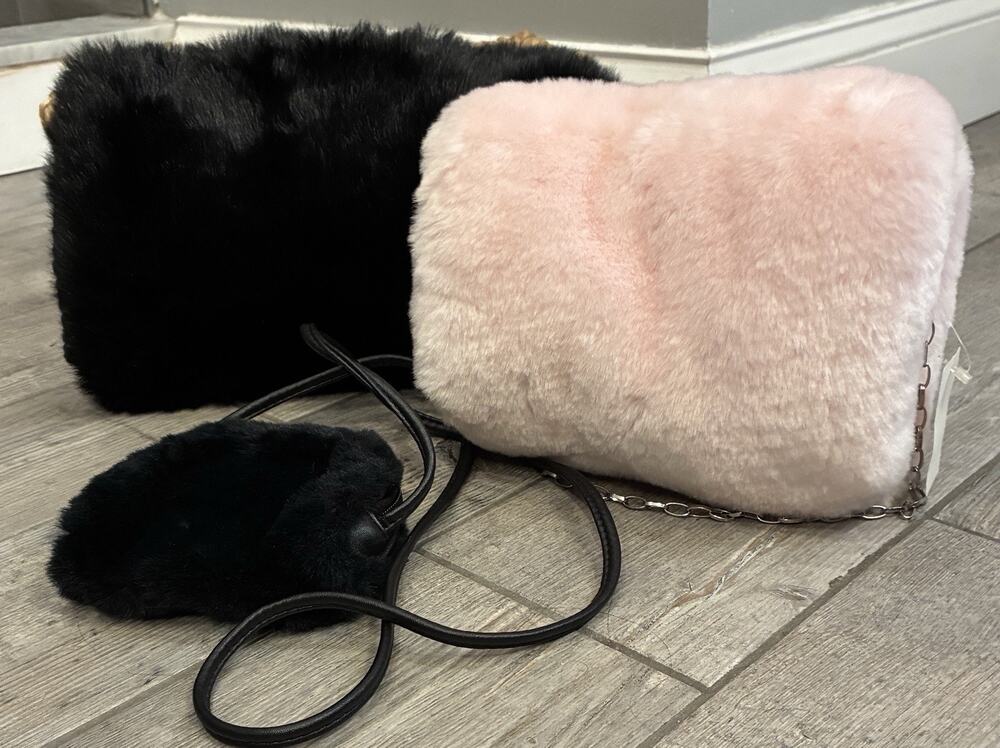 Vintage Faux Fur Muff Purse Lot Y2K Comeco Crossbody Black & Pink Hand Warmers